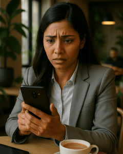 Woman at a cafe looking worriedly at her phone