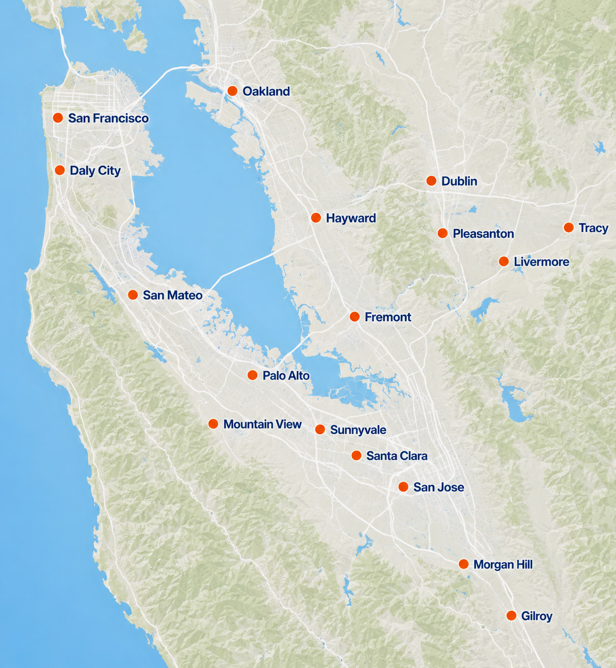 Map of INFORTECH's IT service coverage across the San Francisco Bay Area