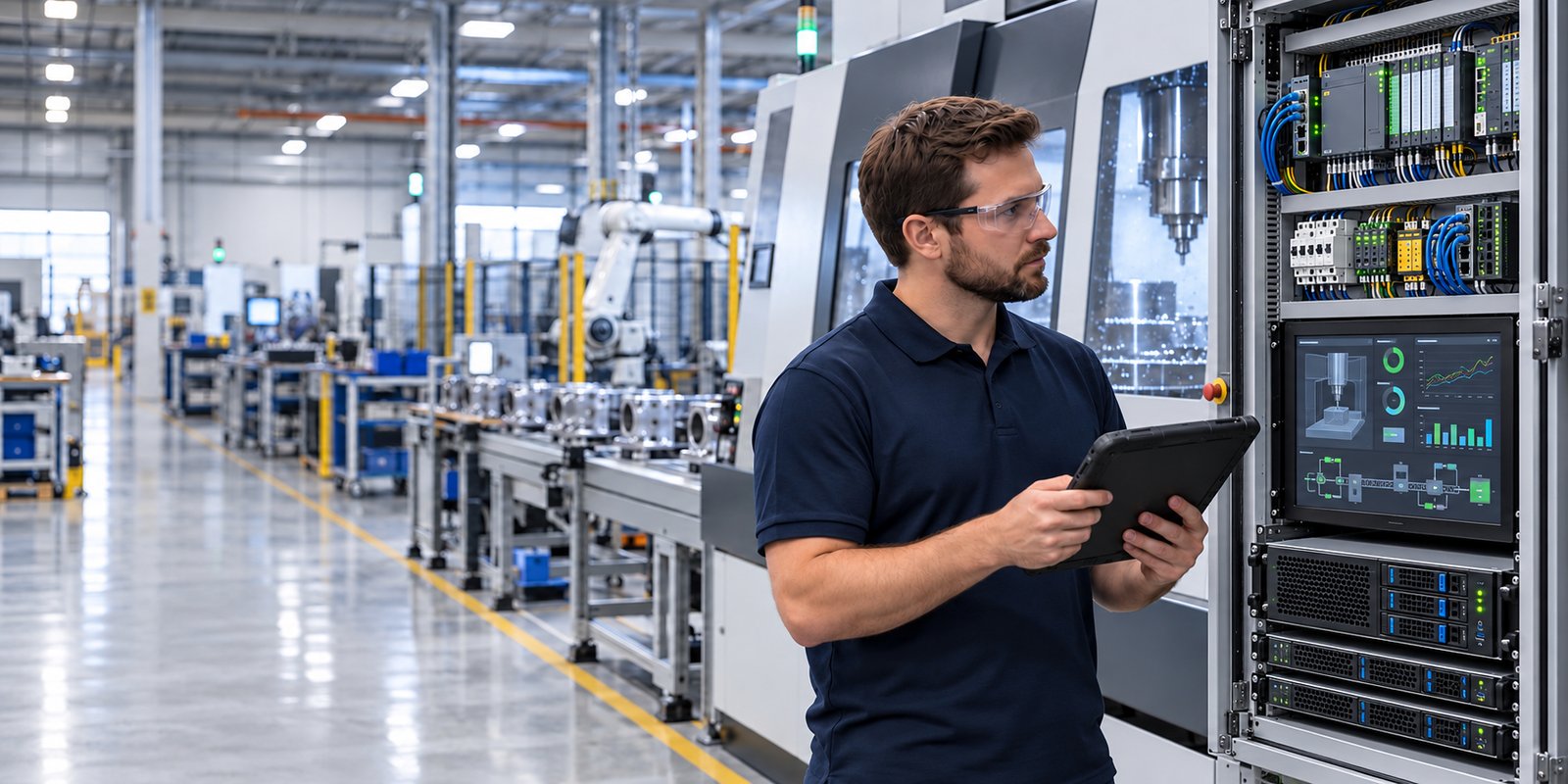 IT technician and manufacturing engineer reviewing a CNC machine controller together on a shop floor.
